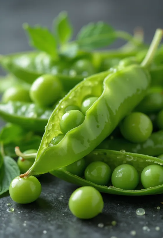 Fresh mangetout (flat podded), green colour, against a rustic wooden background