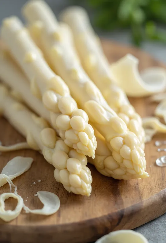 Fresh white asparagus spears arranged elegantly against a rustic wooden background