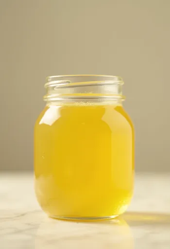 Golden ghee in a small glass jar with a wooden spoon