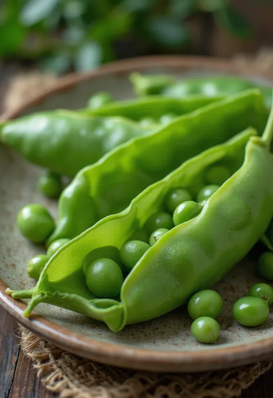 Fresh sugar snap pea pods, inner peas visible through the skin, rustic wooden background