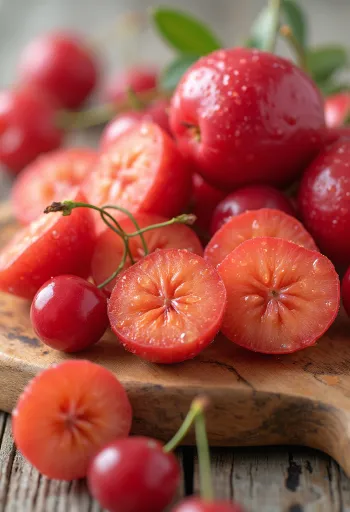 Fresh acerola cherries cut and whole on a neutral surface