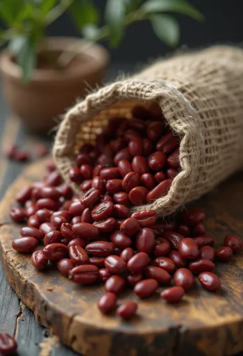 Dried adzuki beans in a small bowl and scattered on a wooden surface