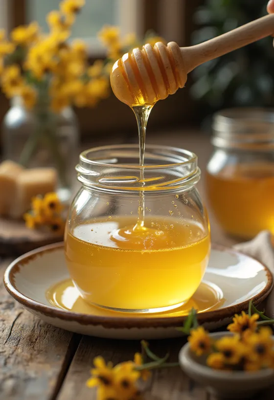Raw acacia honey in a jar with dipper and fresh flowers