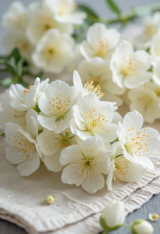 Fresh acacia flowers served as edible blooms on a white plate