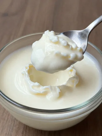 Soured milk in a rustic ceramic bowl with a spoon and slightly separated whey