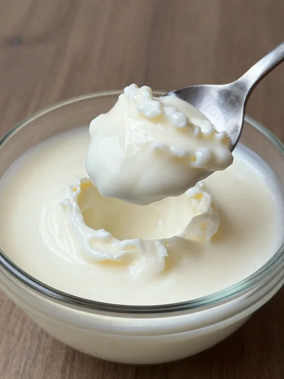 Soured milk in a rustic ceramic bowl with a spoon and slightly separated whey
