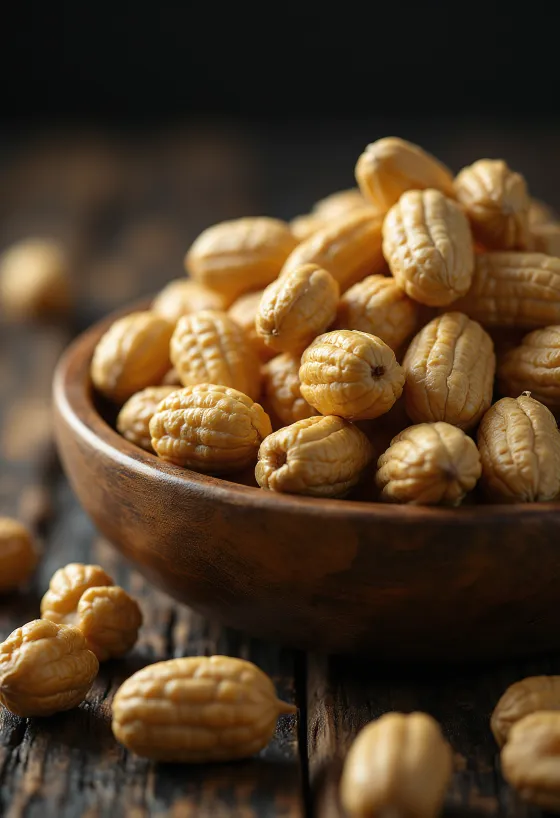 Pile of raw, blanched Jumbo US peanuts on a white background