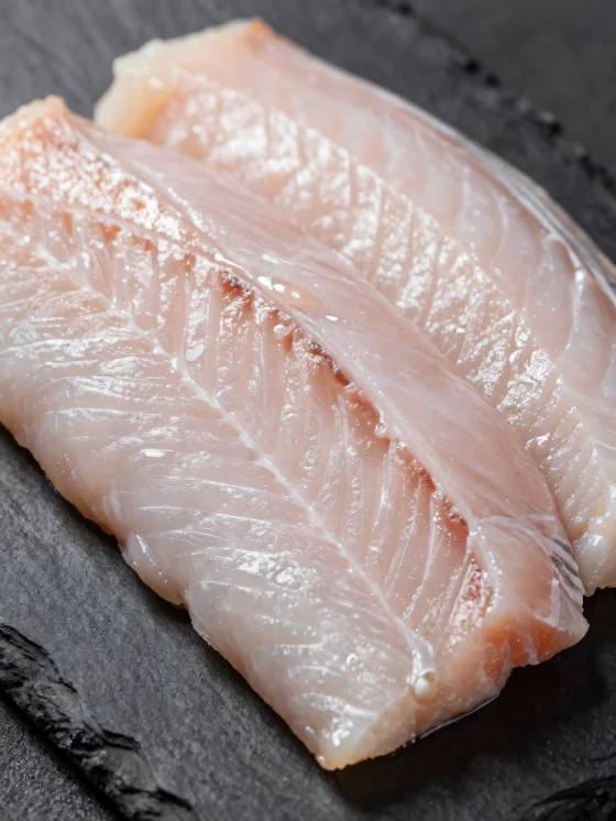 Fresh eel fillets with spices on a wooden chopping board