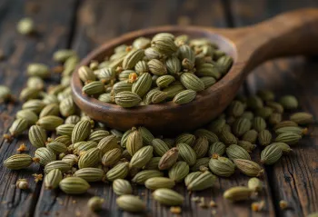 Whole dried aniseed in a bowl on wooden surface