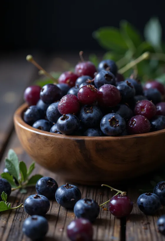 Fresh aronia berries cut and whole