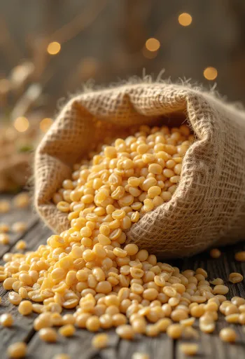 Cleaned barley grains in a small sack and scattered on wood