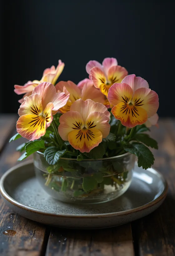 Edible viola flowers on a white plate prepared for culinary use