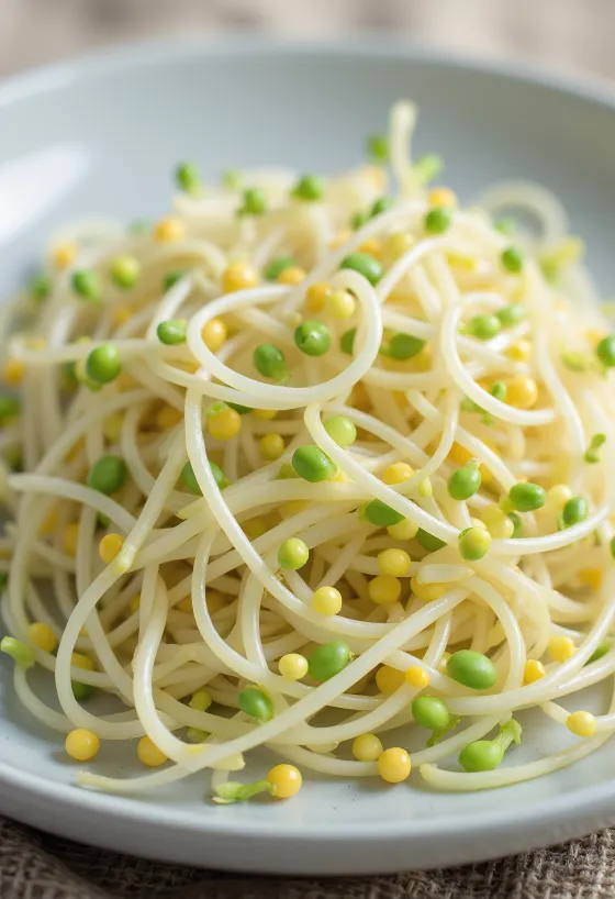 Fresh mung bean sprouts on a white plate