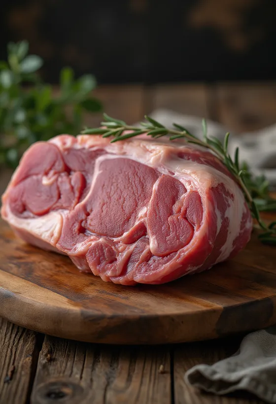 Raw boneless leg of lamb on a rustic wooden surface with fat layer