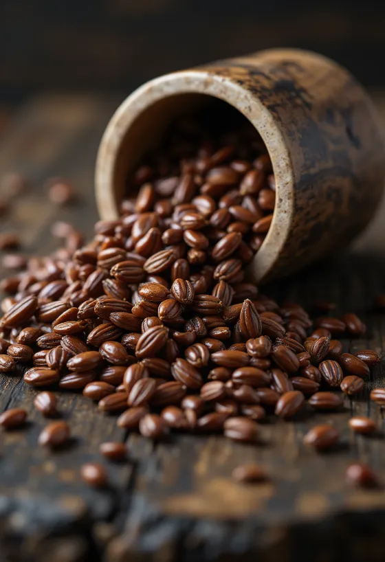 Brown linseeds whole on wood surface