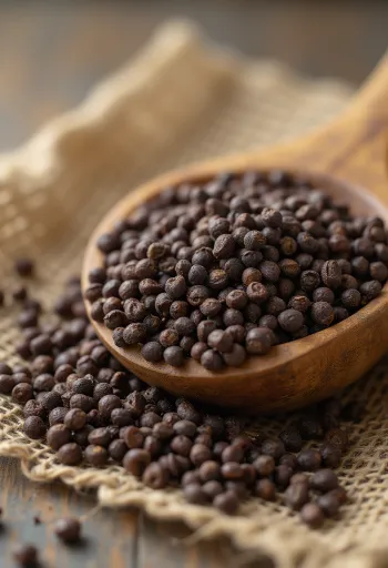 Whole brown mustard seeds as dried spice on wooden surface