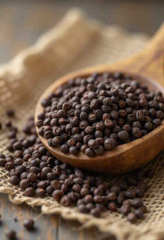 Whole brown mustard seeds as dried spice on wooden surface