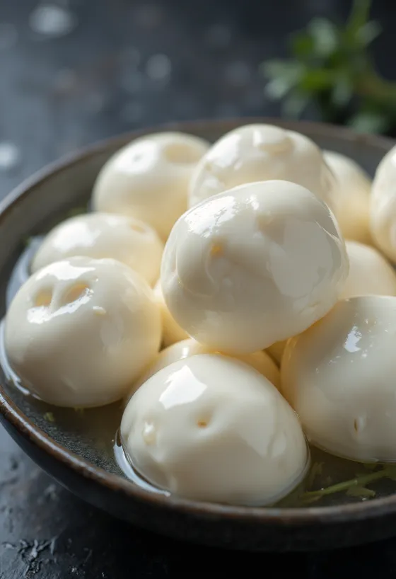 Fresh buffalo mozzarella cheese in a white ceramic bowl on a wooden table