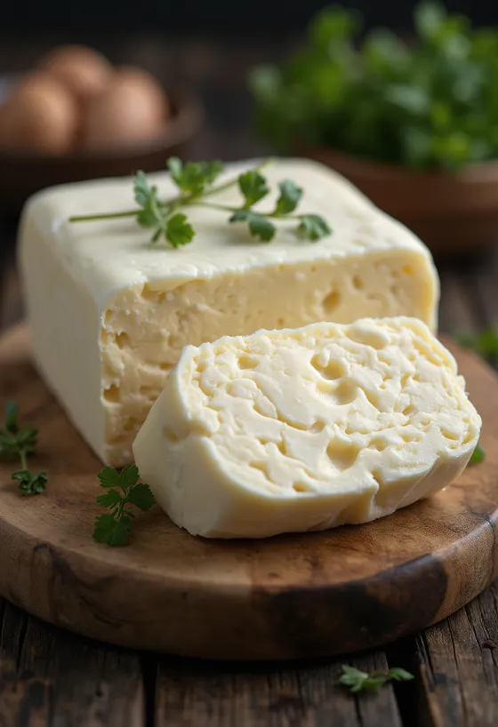 Buffalo butter in a small ceramic bowl, creamy consistency, light coloured fat