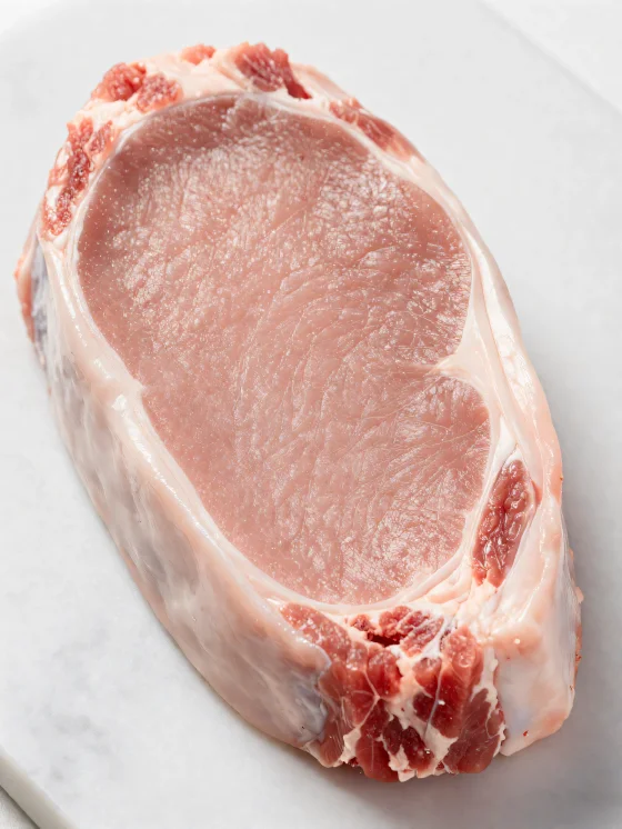 Fresh pale veal cuts with spices on a wooden chopping board