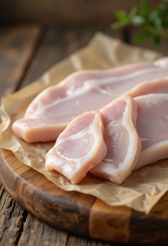 Sliced raw pork rind on a wooden chopping board, cleaned and prepared