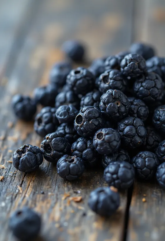 Dried juniper berries on a rustic wooden surface in their natural form