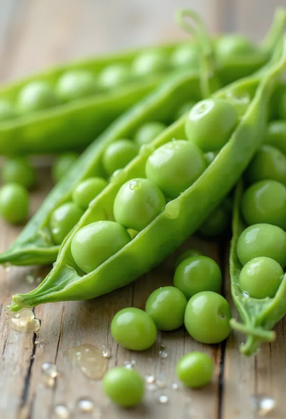 Fresh peas in pods and shelled on a wooden table, in natural light