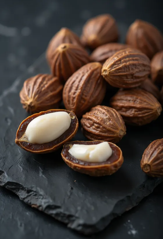 Shelled Brazil nut kernels in a wooden bowl and scattered on a light surface