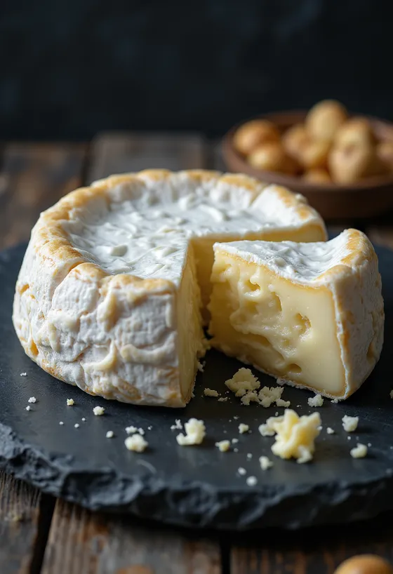 Fresh Brie cheese wheel in a white ceramic dish on a wooden table