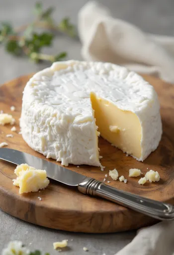Sliced Brie cheese on a wooden chopping board, with creamy interior