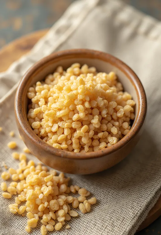 Raw bulgur in a ceramic bowl, grains scattered on wooden surface