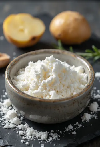 Fine potato starch powder in a bowl and scattered with a wooden spoon