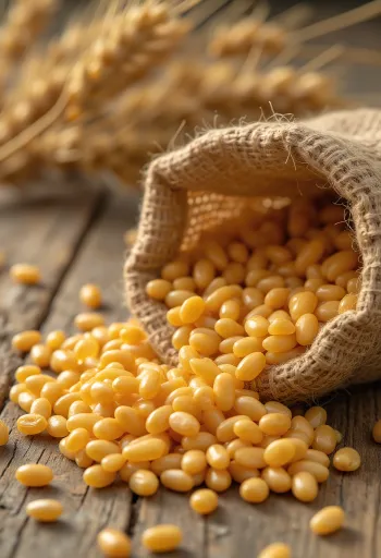 Cleaned wheat grains in a sack and scattered on a wooden surface