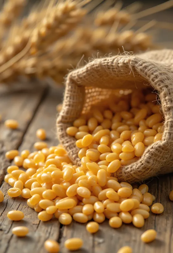 Cleaned wheat grains in a sack and scattered on a wooden surface