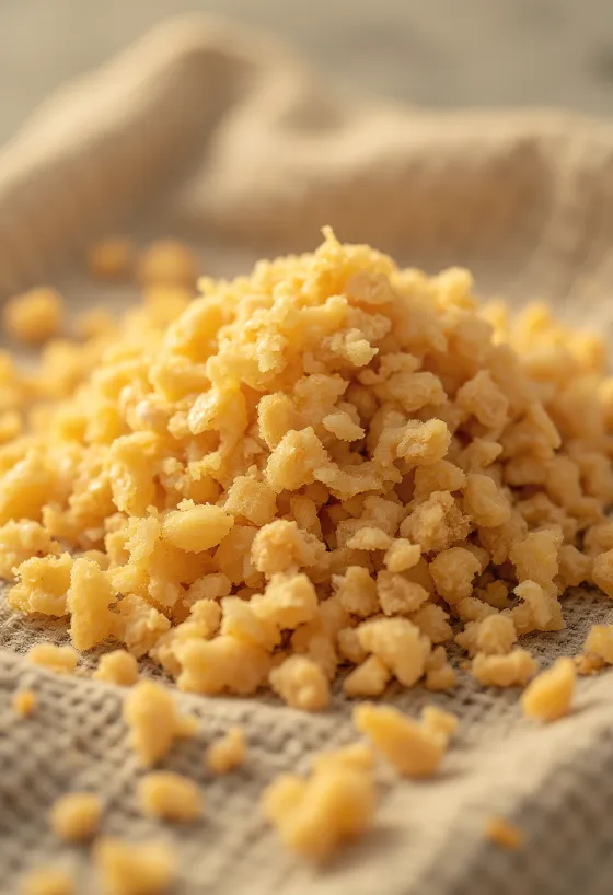 Raw wheat germ in a ceramic bowl, scattered on a wooden surface