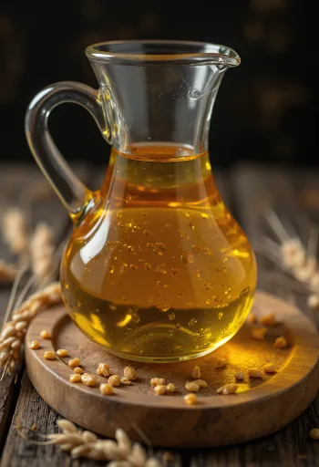 Wheatgerm oil in a small bowl with wheat grains