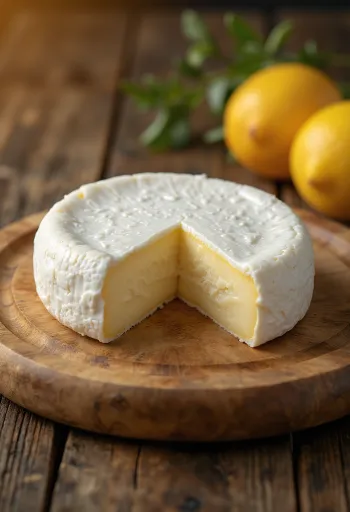 Whole wheel of fresh Camembert cheese in a ceramic bowl