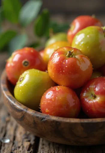 Fresh camu camu berries cut and whole