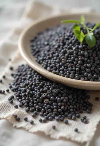 Close-up of black chia seeds scattered on a white surface