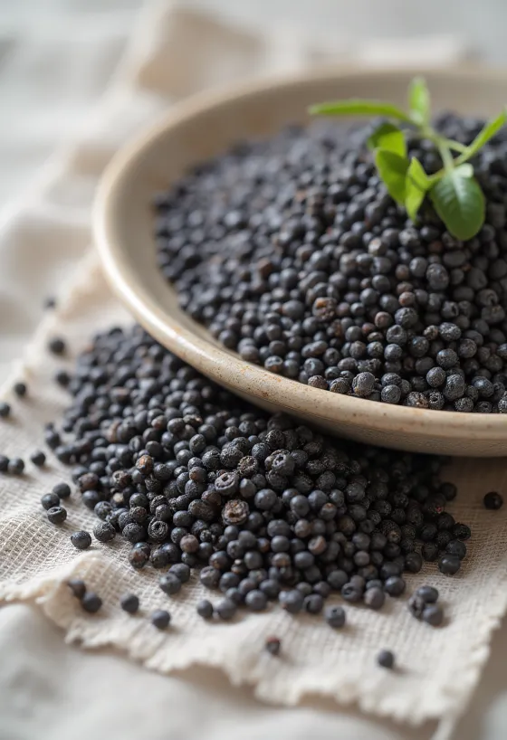 Close-up of black chia seeds scattered on a white surface