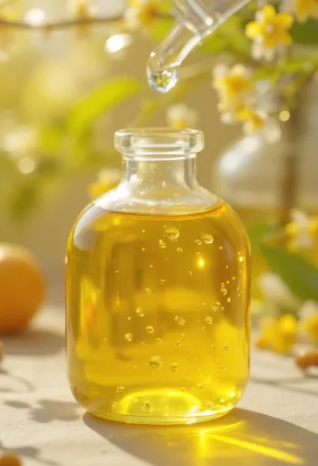 Chia oil in a small bottle beside chia seeds in a wooden bowl