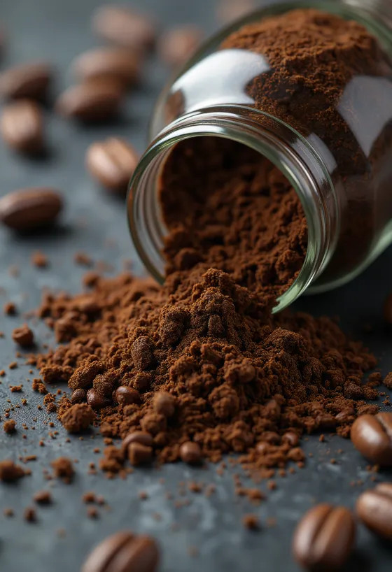Roasted chicory coffee granules and dried chicory root in a spoon and bowl