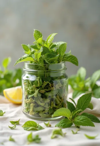 Dried lemon balm leaves in a bowl and scattered with a wooden spoon