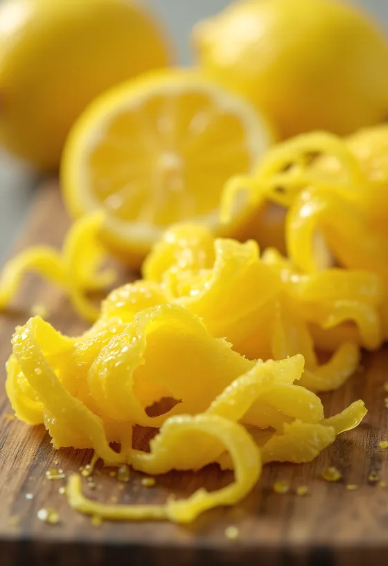 Fresh lemon zest grated and in strips in a bowl, with lemon and honey