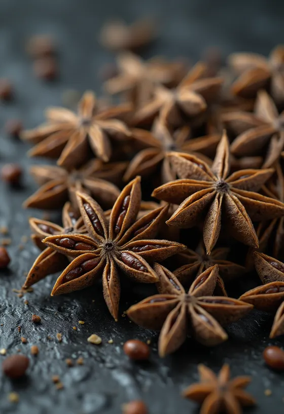 Dried star anise pods on a wooden surface, in a bowl and scattered
