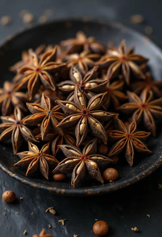 Whole dried star anise pods on a wooden surface