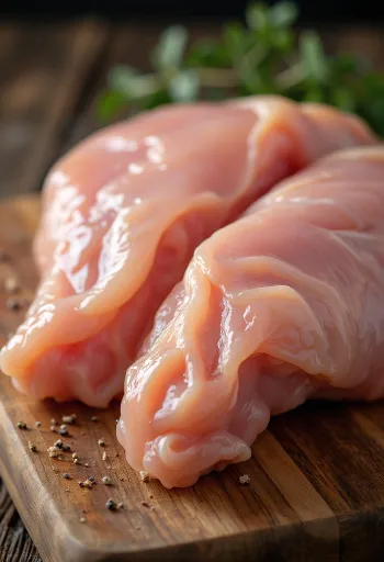 Fresh raw chicken pieces with spices on a wooden chopping board