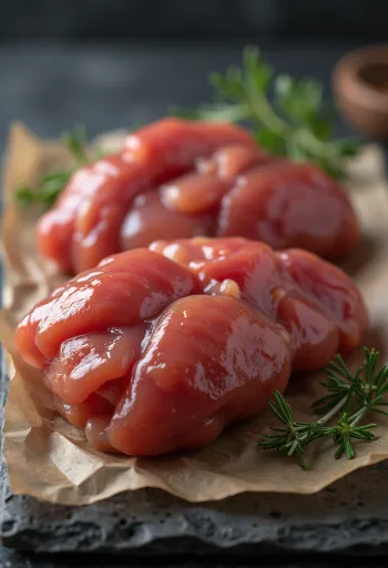 Chicken liver slices on a wooden cutting board, raw and fresh