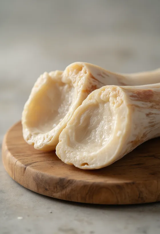 Scooped raw bone marrow portions on a white plate, pale pinkish hue, creamy texture fatty ingredient