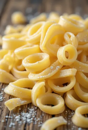 Freshly boiled csusza noodles on a wooden surface, unadorned